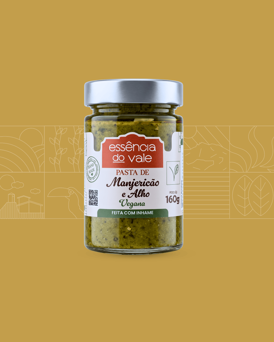 15582629786-pasta-de-manjericao-e-alho.png Pasta Vegana de Manjericão e Alho Essência do Vale 160g - Imagem 1